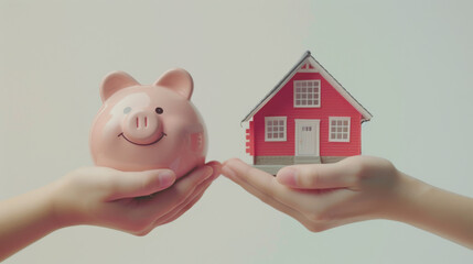 two hands are holding a pink piggy bank and a small red model house, symbolizing savings and investment in real estate.