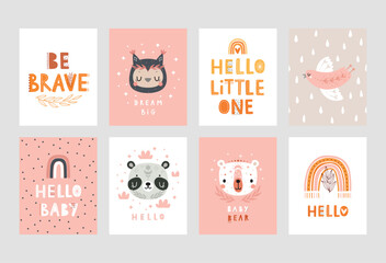 Wall Mural - Cute Boho cards with Letterings and boho animals for your design - Hello little one, be brave, hello baby and others.