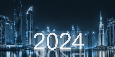 Sticker - Smart network technology concept, modern city with 2024 text