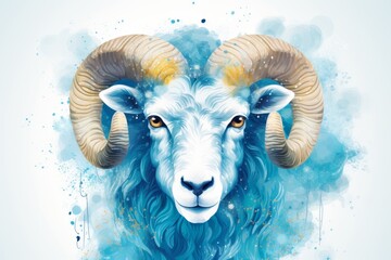 Wall Mural - Aries zodiac sign shining in blue color isolated on white background in vector style