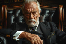 An Elder Man In A Suit Is Sitting In A Leather Chair