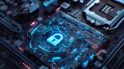 Wall Mural - A close-up of a motherboard featuring a security chip with a lock symbol, surrounded by circuits and electronic components illuminated with a blue glow.