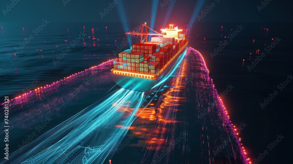 A futuristic autonomous semi cargo container ship with scanning sensors ...