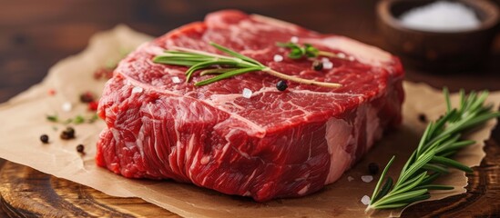 A juicy and tender piece of raw meat sitting on top of a sturdy wooden cutting board.