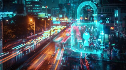 Glowing holographic padlock overlays a bustling nighttime road in Bangkok, symbolizing cyber security measures to safeguard companies. Image is achieved through a double exposure technique