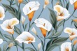 Template of beautiful calla lilies on blue gray background