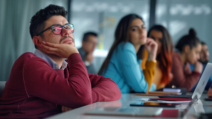 Wall Mural - A man appears to be lost in thought or bored during a meeting, with a hand on his cheek and a distant gaze, surrounded by coworkers in a modern office environment.