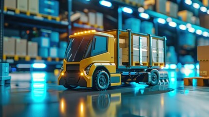 Wall Mural - A car robot transports a truck box equipped with AI for future manufacturing industry technology, showcasing cyber-robot logistics in warehouses