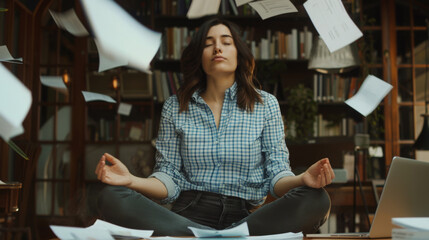 Poster - A woman is meditating at her desk in a busy office environment, with papers floating around her