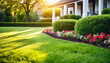 Vibrant manicured lawn and flowerbed, bathed in sunshine against residential backdrop