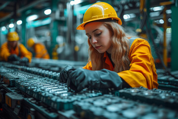 Poster - skilled workers assembling high-performance batteries for electric vehicles, a crucial step in reduc