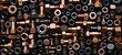 Bronze and black Nuts and bolts pattern top view background. Nuts and bolts texture