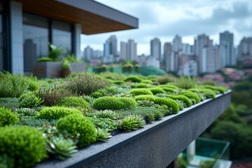 Poster - The construction of a green roof on a city building, incorporating natural vegetation for improved energy efficiency and urban biodiversity. Concept of green urban infrastructure. Generative Ai.