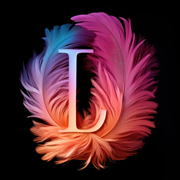 The letter l is surrounded by colorful feathers.