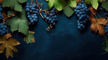 Wall Mural - Clusters of Fresh Ripe Grapes Hanging from Lush Green Vine Leaves in the Orchard