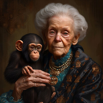 An elderly woman in a fancy dress and jewelry with grey hair is holding a black chimpanzee symbolizing love and companionship in old age.
