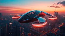 futuristic aero taxi gracefully hovering above a bustling cityscape at sunset, with sleek design and glowing lights, showcasing advanced technology and urban mobility
