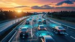© Anna - fleet of driverless cars on a silent, efficient highway journey at dawn, emphasizing eco-friendly transportation and synchronized travel