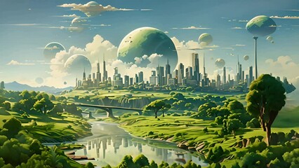 Poster - futuristic city with river generative ai