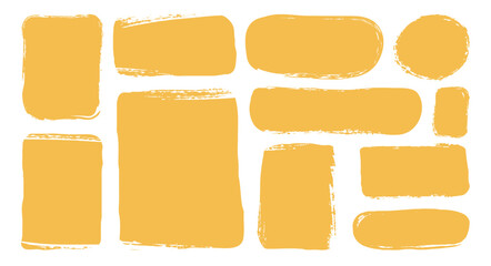 Poster - Set isolated hand drawn yellow doodle grunge textured textboxes. Collection various empty frames. Different geometric shapes of speech bubbles. Minimalist quote posters. Flat vector illustration