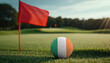 Golf ball with Irish flag on green lawn or field, most popular sport in the world