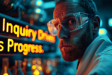 Poster - A scientist with a large text that reads 
