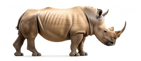 Poster - The image captures a solitary white rhinoceros standing on a plain white background. The rhinos massive body and distinctive horn are prominent in the frame, showcasing its powerful presence.