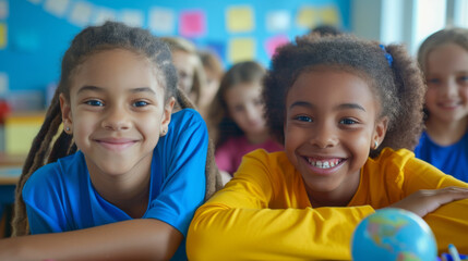 Poster - two children in a classroom setting, smiling at the camera, with other students and educational activities in the background.