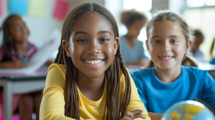 Poster - two children in a classroom setting, smiling at the camera, with other students and educational activities in the background.