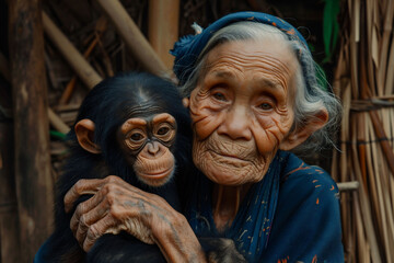 Wall Mural - An elderly African American woman is holding and hugging a black chimpanzee on a brown nature background. Used for wildlife companionship in old age and conservation efforts