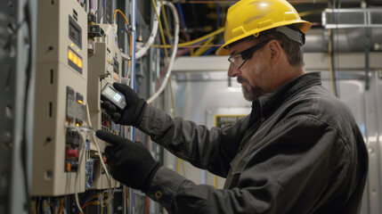 Fototapete - A skilled blue-collar worker in a hard hat and workwear meticulously operates a complex machine, showcasing the determination and precision of the modern engineer or technician