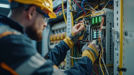 Aufkleber - A skilled blue-collar worker dons his hard hat and workwear, expertly tending to the intricate machinery as an engineer and electrician in the indoor factory