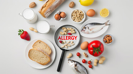 various common allergenic foods like nuts, eggs, fish, and milk, with a magnifying glass in the cent