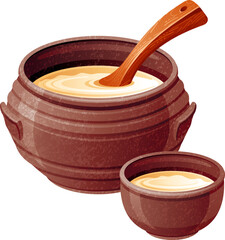 Makgeolli drink. Korean rice wine. Alcohol from Korea, vector food icon. Traditional korean Makgeolli drink illustration. Rice wine, clay pot and cup with dipper. 3d Asian Makkoli alcohol tradition