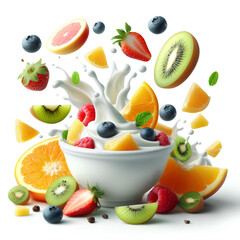 stream of flowing yogurt with pieces of fruits isolated on white background