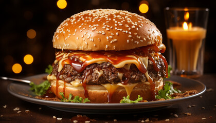 Canvas Print - Gourmet grilled burger on wooden table, ready to eat freshness generated by AI