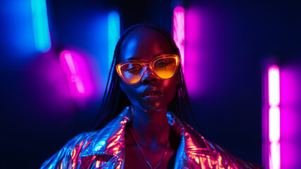 Wall Mural - Woman with neon glasses in night club