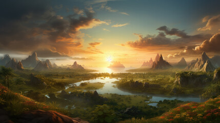 Wall Mural - Awesome epic landscape with mountain and river