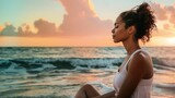 Fototapeta  - Femme en méditation à côté des vagues de l'océan » IA générative