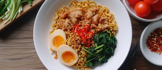 Wall Mural - A delectable bowl of Sarawak-style dry noodles topped with a perfectly cooked egg.