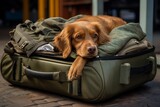Fototapeta Zwierzęta - cute elderly dog lying in a suitcase