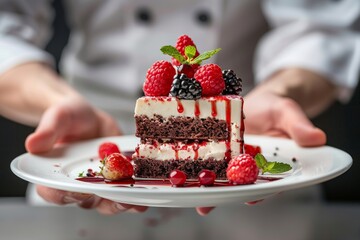 Wall Mural - Chef presenting a beautifully plated gourmet dessert