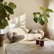 Minimalist cozy home interior design of a modern living room with beige sofa an a fig plant