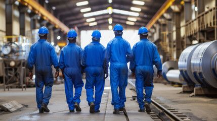 Wall Mural - industrial workers in blue uniforms and hard hats walking away in a large industrial facility or factory