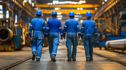 Wall Mural - industrial workers in blue uniforms and hard hats walking away in a large industrial facility or factory