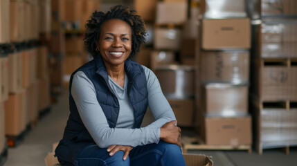 Canvas Print - middle-aged woman with short hair, wearing a vest over a long-sleeved shirt and jeans, sitting in a warehouse setting with arms crossed and a smile