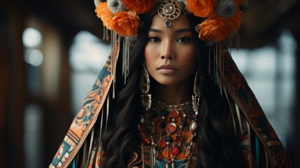 Woman Wearing Headdress and Jewelry