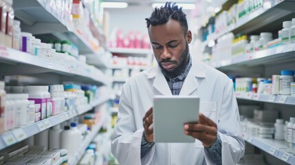 Poster - A medical researcher in a crisp white coat examines laboratory equipment while scrolling through a tablet, surrounded by shelves of pharmaceuticals and the busy energy of a bustling pharmacy