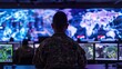 © ChaoticMind - A soldier stands confidently in front of a massive display device, intently watching the live broadcast in his military attire, illuminated by the bright computer monitor displaying a plethora of mul