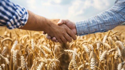 two farmers seal their partnership in a golden wheat field, their hands embodying the hard work and 